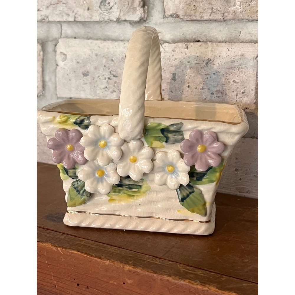 Vintage Ceramic Floral Basket Plant it Trinket Container w/ Raised Flowers